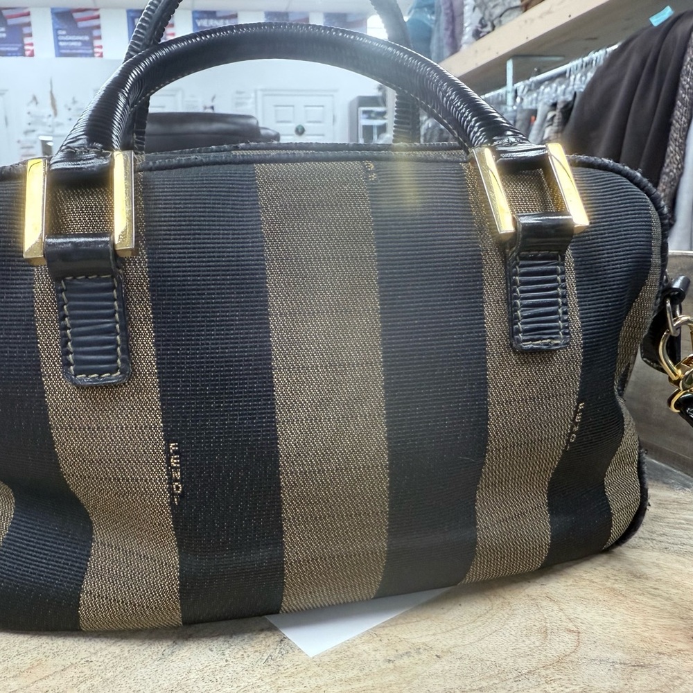 Fendi Elegant Black and Tan Striped Satchel